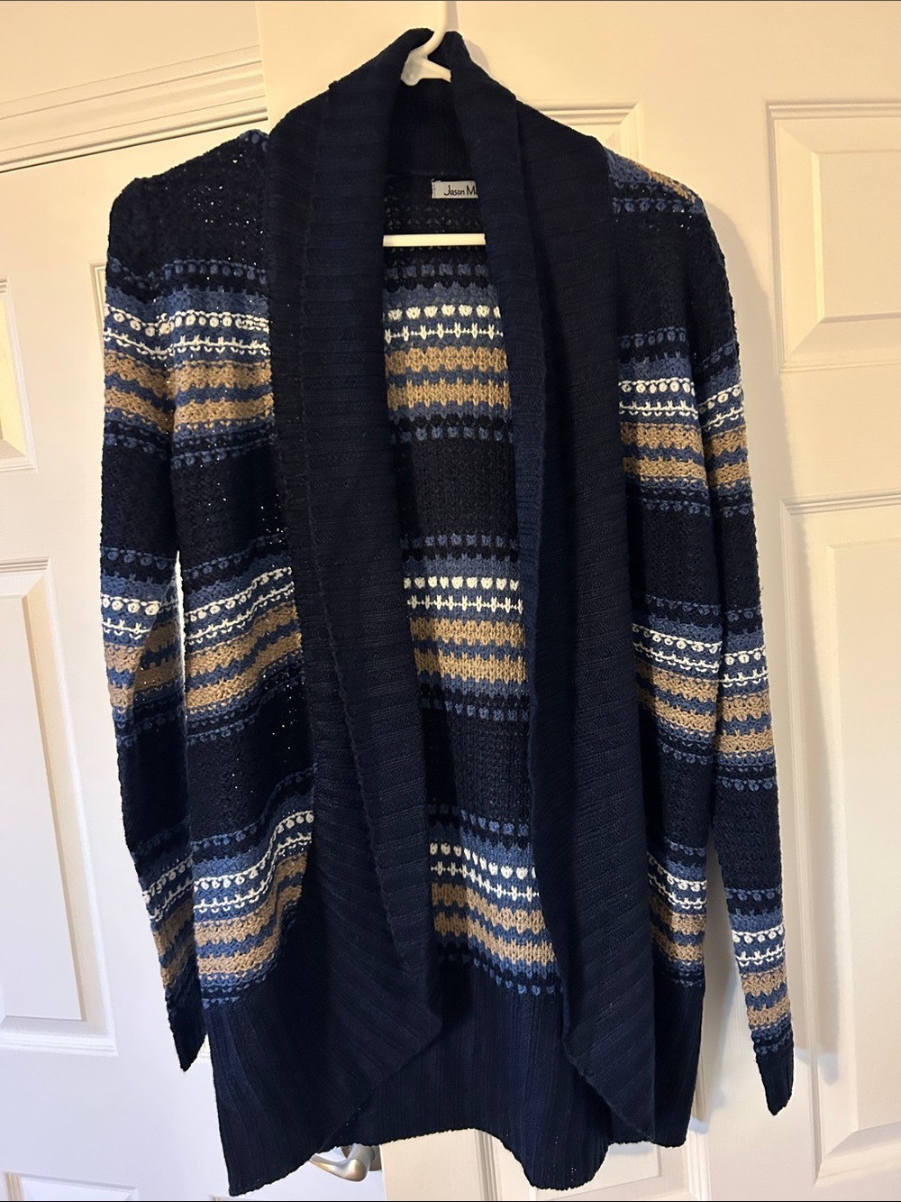 jason maxwell Navy Striped Open-Front Cardigan with Cream and Tan Accents
